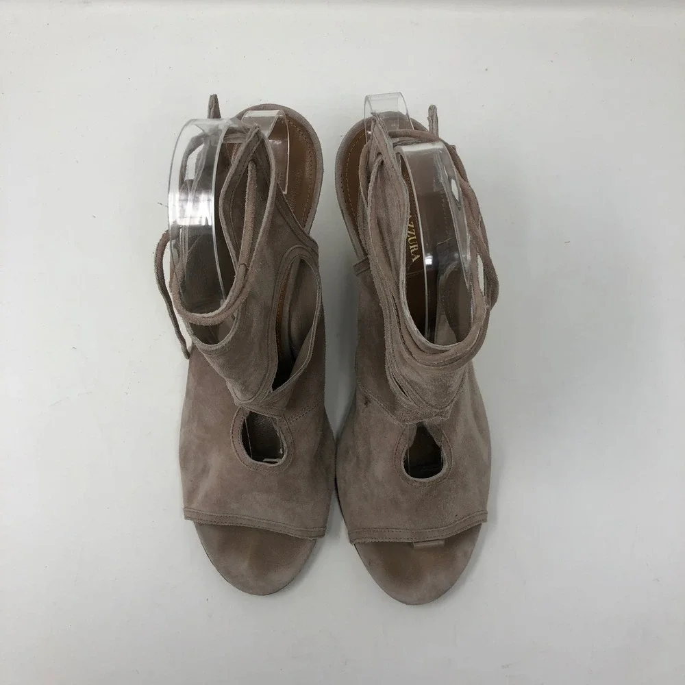 Aquazzura Belgravia Wedge Sandal Women 40 US 10 Taupe Suede Lace Up Cutout Italy